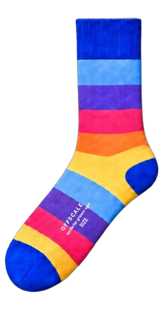 Disco Floor: OFFSCALE dress sock for shoe size EU 46 and up. Rainbow bands, cobalt cuff, heel and toe.