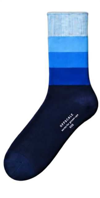 Shades of Blue: OFFSCALE dress sock for shoe size EU 46 and up. Five blues down the leg, midnight foot.