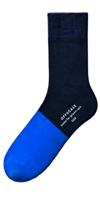 The Boardroom: OFFSCALE dress sock for shoe size EU 46 and up. Midnight navy crew sock, royal-blue front half.