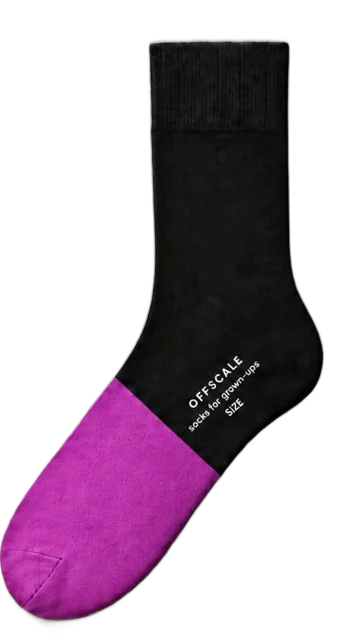 The Tuxedo: OFFSCALE dress sock for shoe size EU 46 and up. Near-black crew sock, vivid orchid front half.